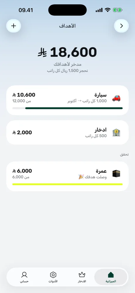 أهداف الادخار في Kashla مع مبلغ يُدّخر كل راتب