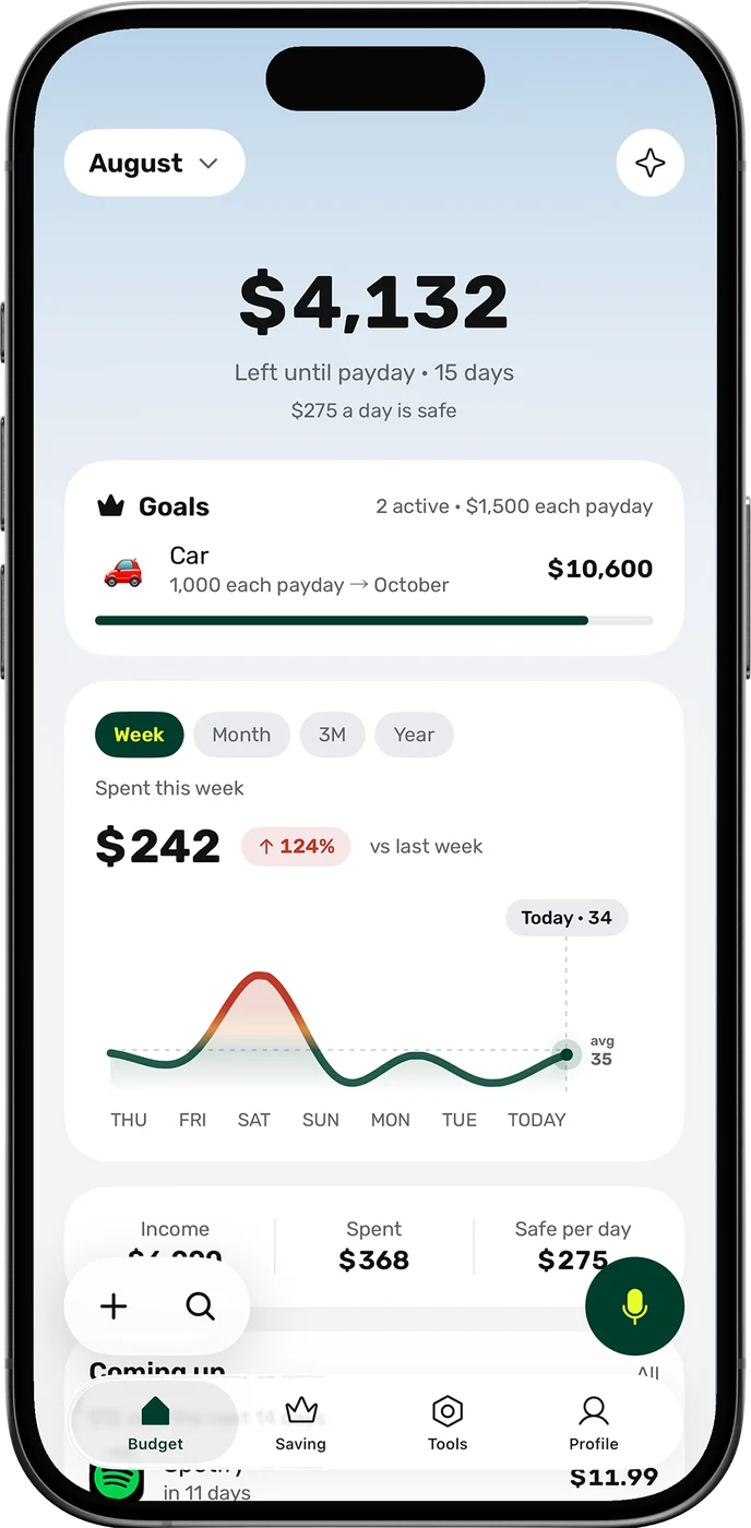 Kashla home screen showing what's left until payday and today's safe-to-spend amount